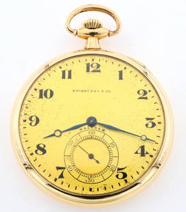 AWW Co. 14k Gold Gentlemans Watch: A 14k Gold AWW Co. "Riverside" Model gentlemans watch, Retailed by Wright, Kay & Co., Detroit. 12 size, 19 j, Adj, DMK, GJS, SW, LS, Waltham 14k Gold OF, Gold tone metal SSD with Roman numerals