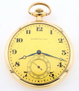 AWW Co. 14k Gold Gentlemans Watch: A 14k Gold AWW Co. "Riverside" Model gentlemans watch, Retailed by Wright, Kay & Co., Detroit. 12 size, 19 j, Adj, DMK, GJS, SW, LS, Waltham 14k Gold OF, Gold tone metal SSD with Roman numerals