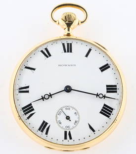 Howard 14k Gold Pocket Watch: A 14k Gold Howard/Keystone Series 8 pocket watch. 12 size, 23 j, Adj Temp & 5 pos, DMK, SW, PS, Keystone 14k Gold case, OF, Porcelain SSD with Roman numerals marked "Howard", serial #1245363. 63.2