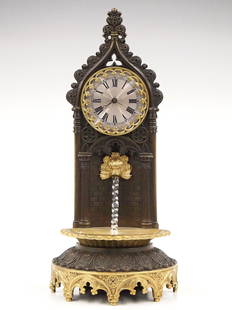 Bronze Fountain Novelty Clock: A 19th century Bronze Fountain novelty clock by William Hart, Harrison, Chepstow, England, worked 1822-1848. 1-day fusee driven watch movement with engraved cock and Silvered dial with Roman numerals