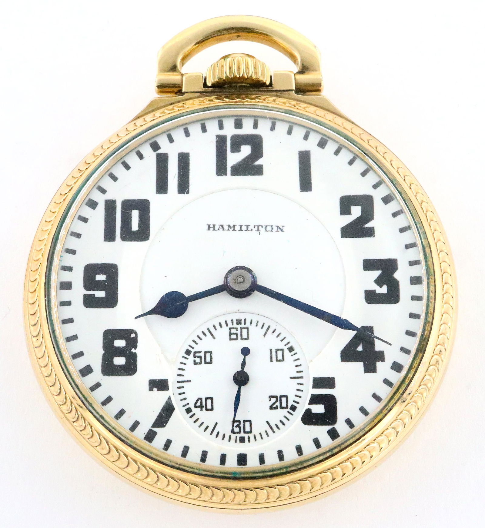 Hamilton 992E Railroad Watch: A Hamilton 992E Elinvar Model Railroad watch. 16 size, 21 j, Adj Temp & 5 pos, DR, DMK, GJS, SW, LS, Hamilton Watch Co. GF, OF, Porcelain DSD with bold Arabic numerals marked "Hamilton", serial #26278