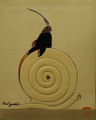 Edward Fields rug: A 1970's Edward Fields rug. Entitled "I've grown accustomed to your pace" designed by Burt Groedel. Features a Parrot on a Snail's back in multi color woven design on an Ivory field. Slight wear, alwa