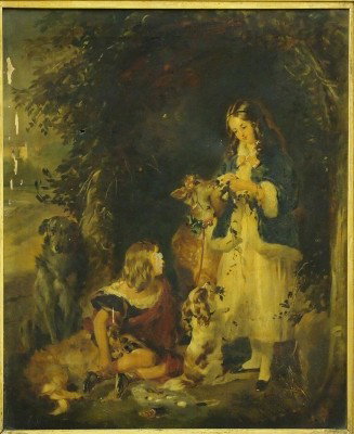 George Harlow genre scene: Attributed to George Henry Harlow, British, 1787-1819. Oil on canvas genre scene with two children in a wooded landscape setting with dogs and a young deer. Surface grunge and areas of abrasion, some