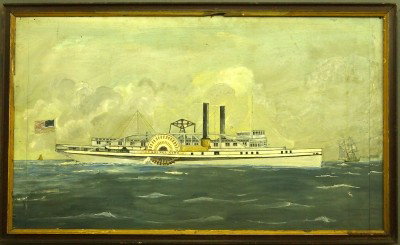 Folk Art Ship painting: A 19th century American Folk Art Ship painting, oil on a wooded panel. Depicts the steamship "Capitol City" in open waters. Wear, surface grunge and abrasions. Image35 3/4 x 20 3/4, framed 38 1/4 x 23