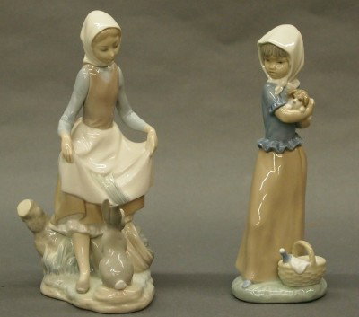 2 porcelain figures: Two 20th century Lladro porcelain figures. Both young girls with their pets. Printed and impressed marks, one "NAO, Lladro". Slight wear. Up to 9" high. ESTIMATE $100-150