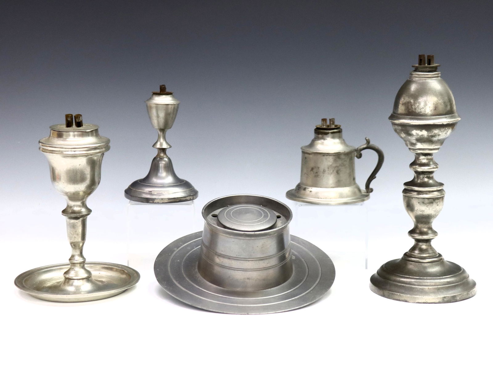 4 American Pewter Fluid Lamps & Inkwell (1 of 1)