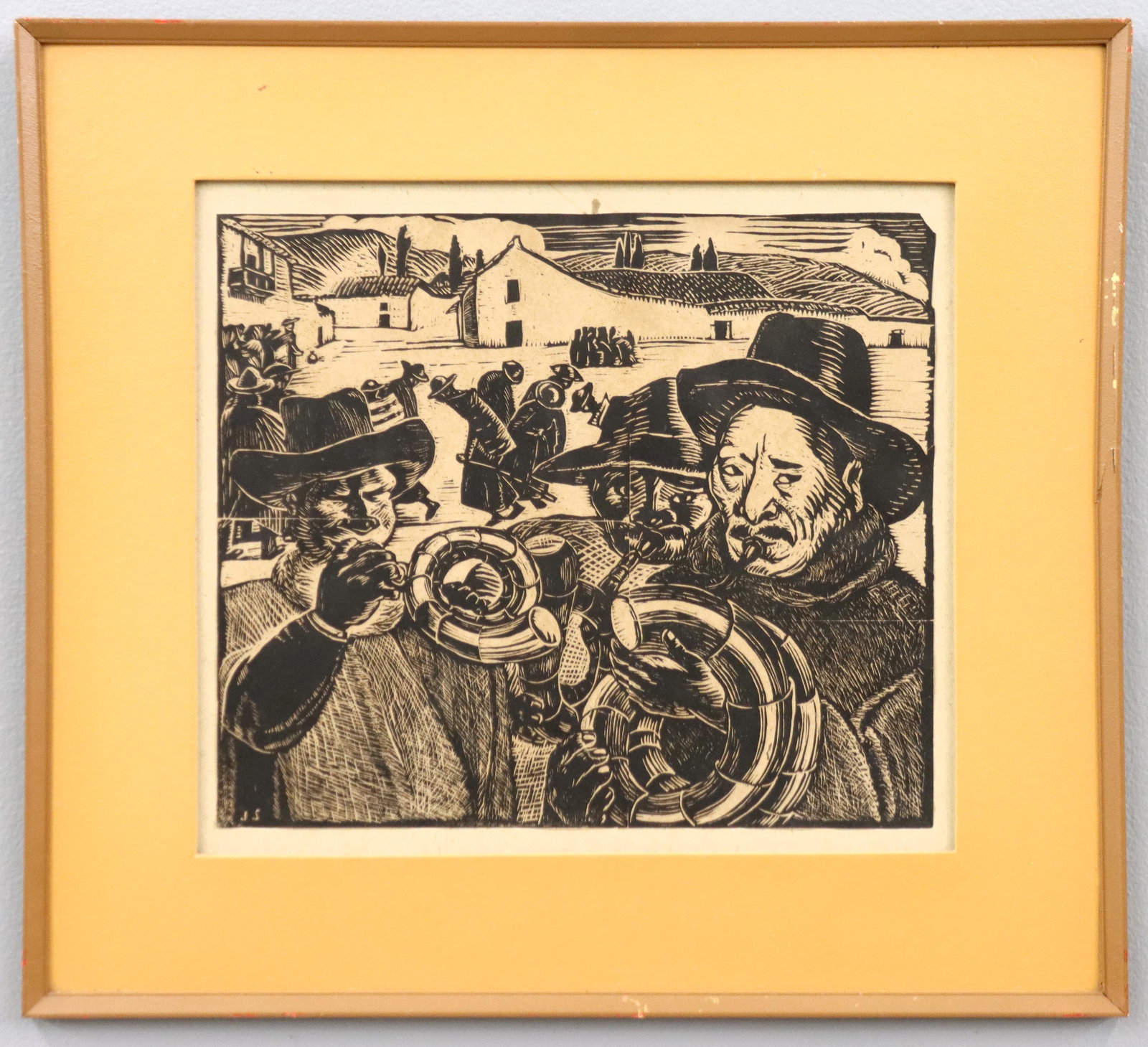 Attrib. J. Sabogal Musician Scene Woodcut: A 1930's woodcut on paper attributed to Jose Dieguez Sabogal, Peruvian, 1888-1956. Titled "Fiesta Huanca", depicts three musicians playing in a Peruvian village square. Initialed "J.S." in the plate, 