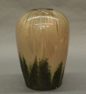 Fulper Prang Pottery vase: A 20th century Fulper Prang Art Pottery vase. Simple baluster form with short neck in a Lavender/Black glaze. Stamped vertical "Prang" mark. Slight surface wear, small glaze flake at base. 8 1/2" high
