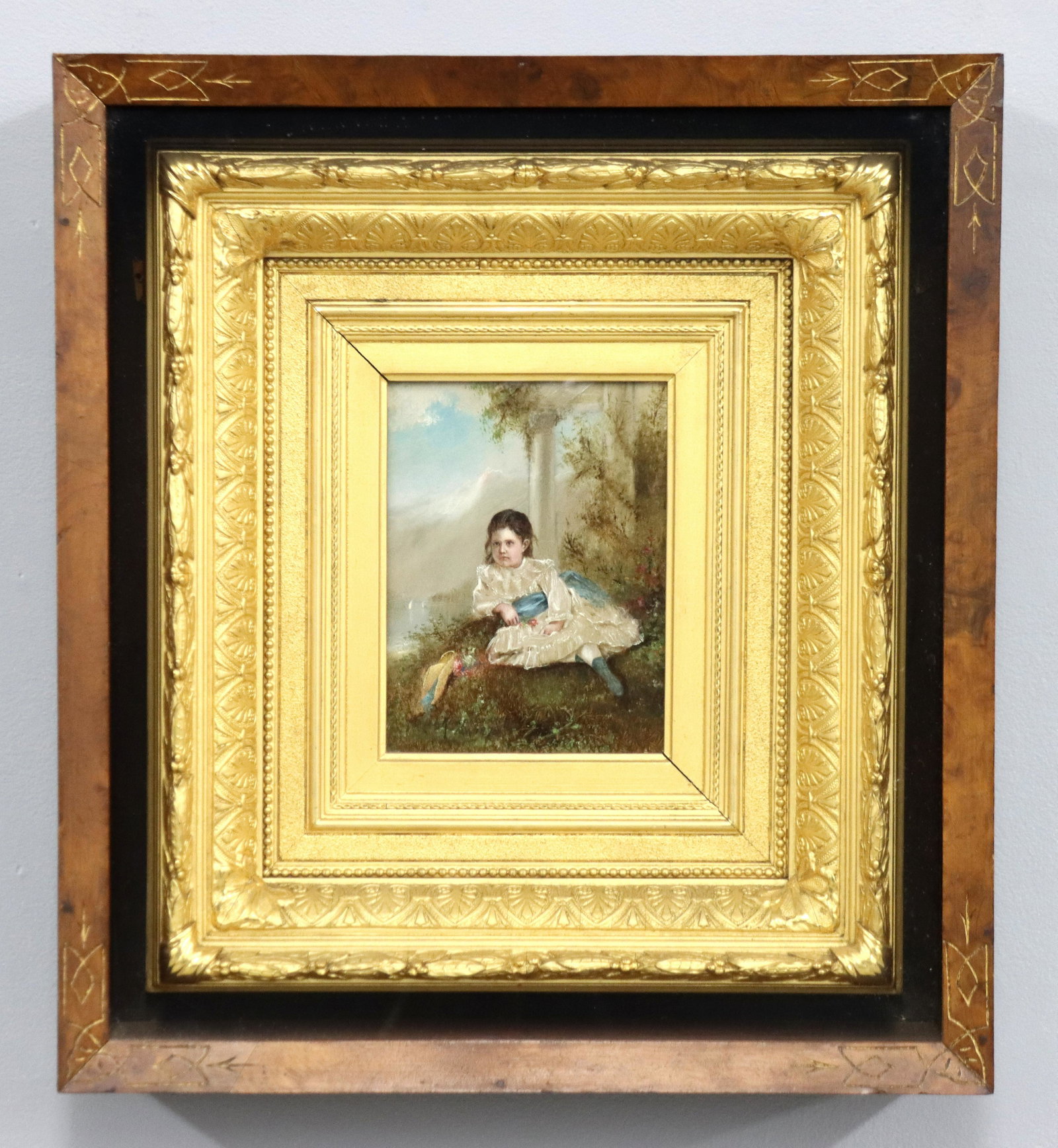 F.L. Kirkpatrick Portrait of a Girl: Frank Lebrun Kirkpatrick, American, 1853-1917. A late 19th century oil on board portrait. Depicts a young girl in a White dress posed outside a home with a lake in the distance. Signed "Frank L. Kirkp