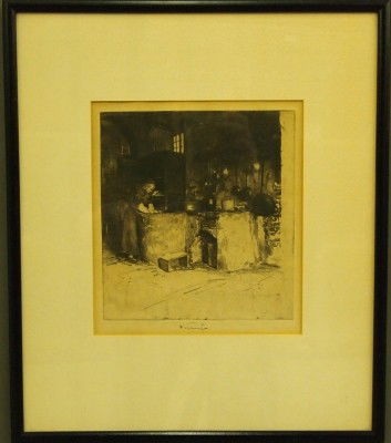 Etching by F Schmutzer: Ferdinand Schmutzer, Austrian, 1870-1928. A turn of the century etching entitled "Monastery Kitchen". Signed bottom, center. Some toning. Image 7 1/4 x 8", framed 14 1/2 x 17 1/4" overall. ESTIMATE $1