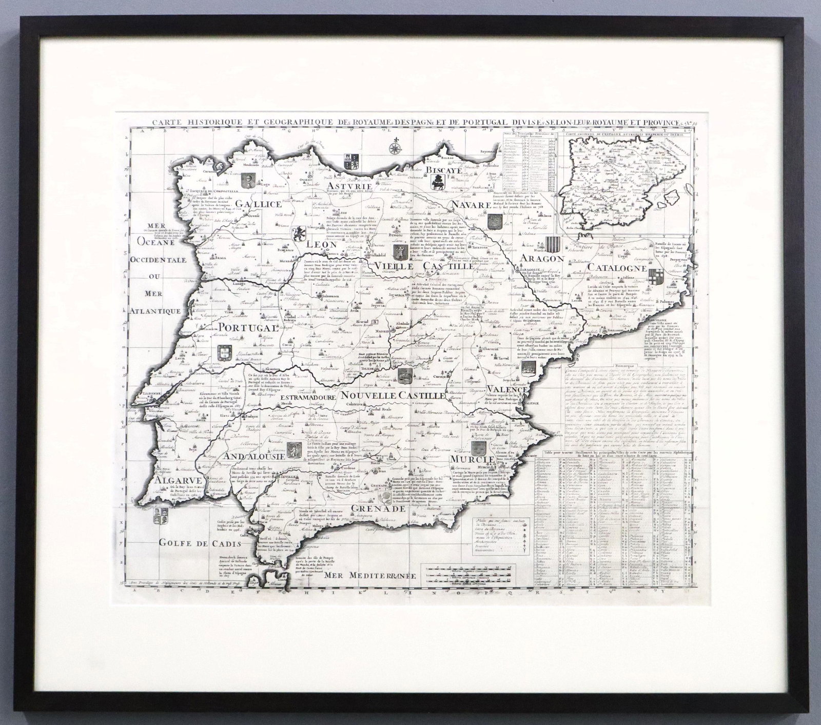 Atlas Historique Map of Spain & Portugal: An early 18th century Atlas Historique engraved map of Spain and Portugal. Titled "Carte Historique et Geographique des Royaumes d Espagne et de Portugal". Minor toning, very slight foxing. Image 22 x