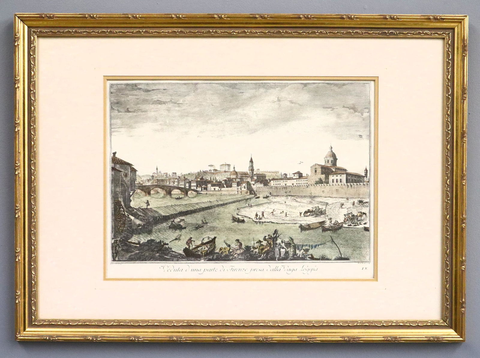 Zocchi Engraving of Florence: Giuseppe Zocchi, Italian, 1711-1767. A late 18th century engraving on paper with hand-coloring, titled "Veduta d'una Parte di Firenze presa dalla Vaga Loggia". Signed "Zocchi" in the plate lower left.