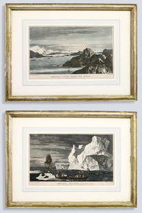 2 After Hodges Seascape Engravings: After William Hodges, British, 1744-1797. Two 18th century engraved seascapes on paper with hand-coloring from "A Voyage Towards the South Pole and Round the World..." by Captain James Cook. Titled "C