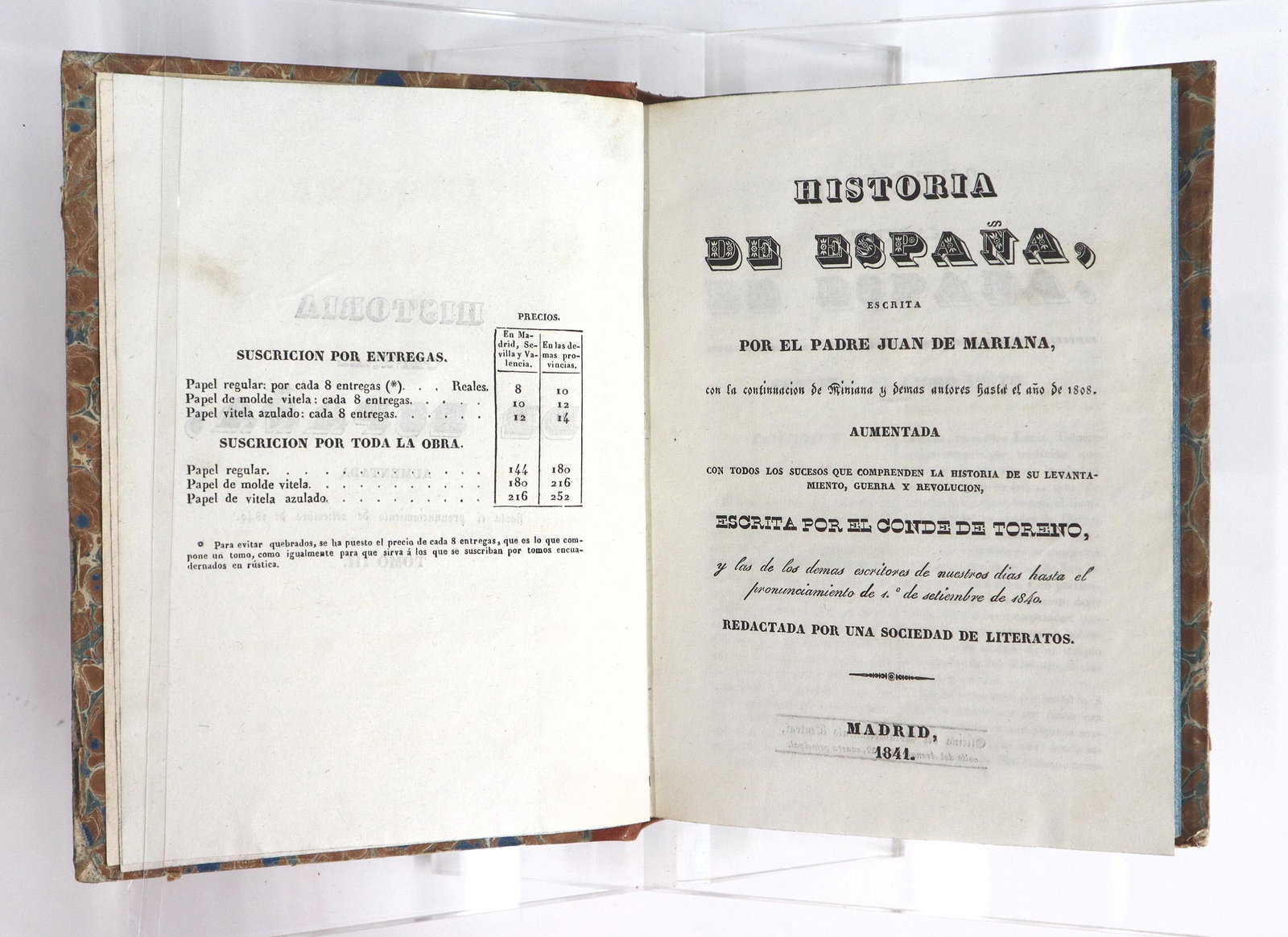Mariana Historia de Espana 10 Vol: Mariana, Juan de. "Historia de Espana" Volumes 3/4 through 21/22, ten books total. Madrid; Sociedad de Literatos, 1841. Quarter leather over marbled boards with painted edges, 8vo (8 1/2" high). Some 