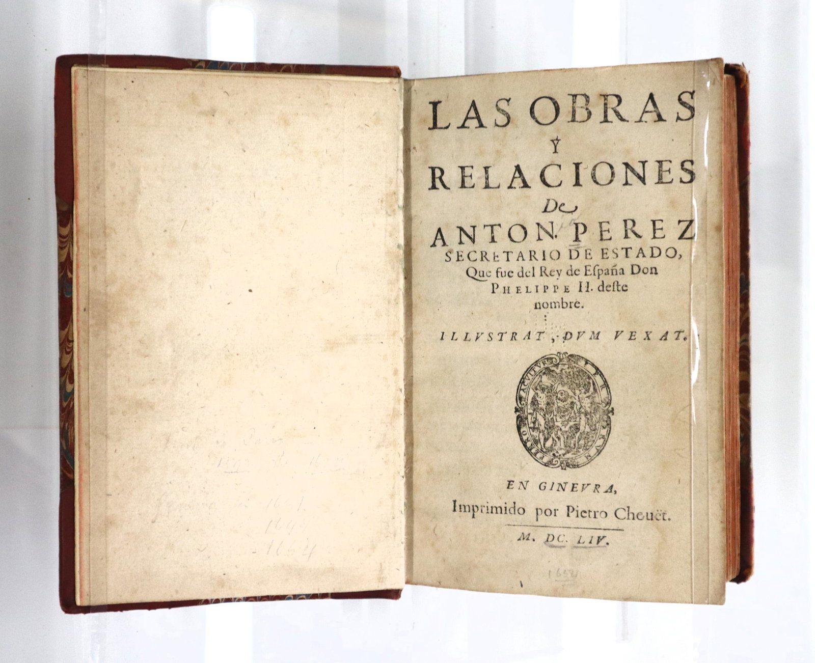 Perez Las Obras y Relaciones de Anton Perez: Papon, Jean. "Recueil d'Arrests Notables des Cours Souverains de France". Geneva; Jacques Stoer, 1648. Half calf over marbled boards with raised bands and sprinkled edges, 8vo (9 1/4" high). Minor wea