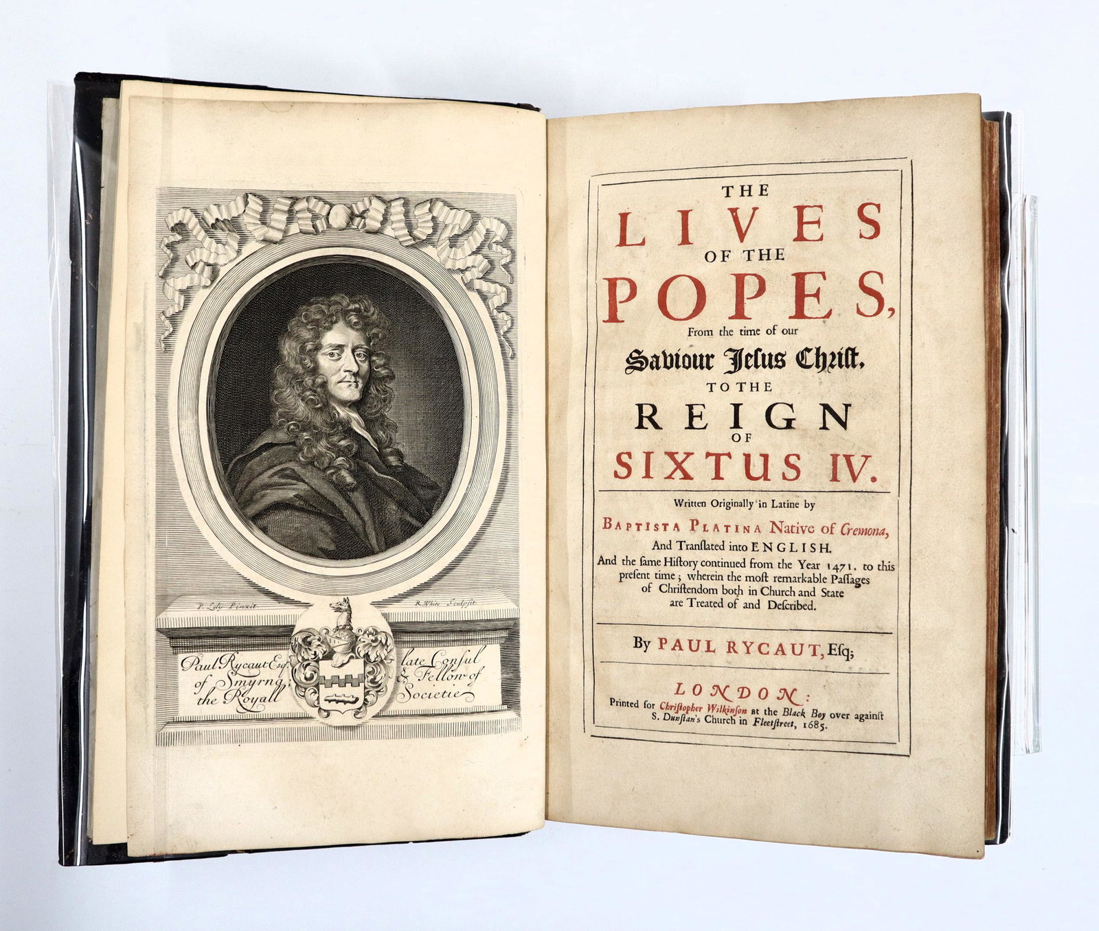 Platina The Lives of the Popes: Platina, Baptista. "The Lives of the Popes from the time of our Saviour Jesus Christ to the Reign of Sixtus IV" English Edition. London; Christopher Wilkinson, 1685. Half leather over cloth boards, ra
