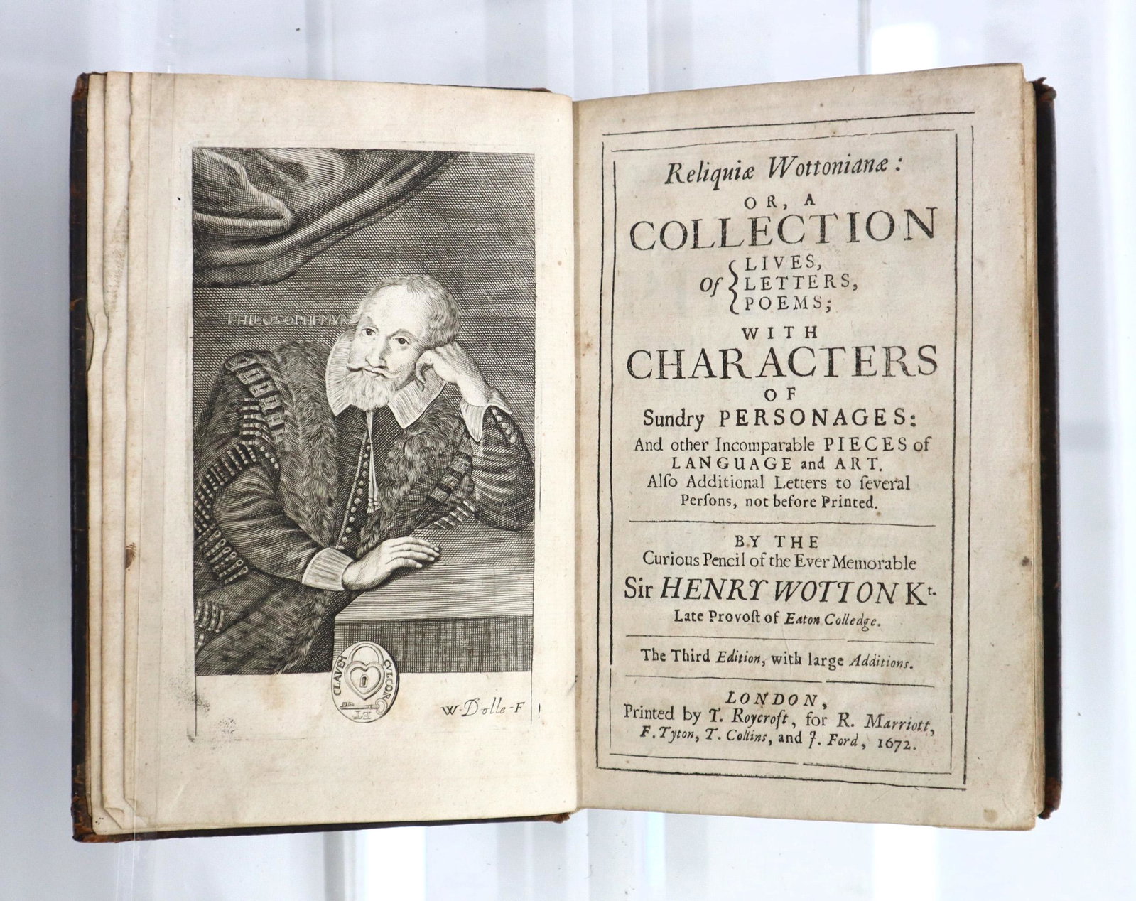 Wotton Relique Wottonaine: Wotton, Henry. "Relique Wottonainae: or, a Collection of Lives, Letters, Poems with Characters of Sundry Personages and other Incomparable Pieces of Language and Art". Third Edition. London; R. Marrio