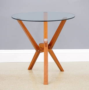 Ali Tayar Occasional Table: A 1980's occasional table entitled "Nick's Trivet Table" by Ali Tayar, Turkish/American born 1959. Teak construction with brushed aluminum fittings and a circular glass top. Original finish, slight