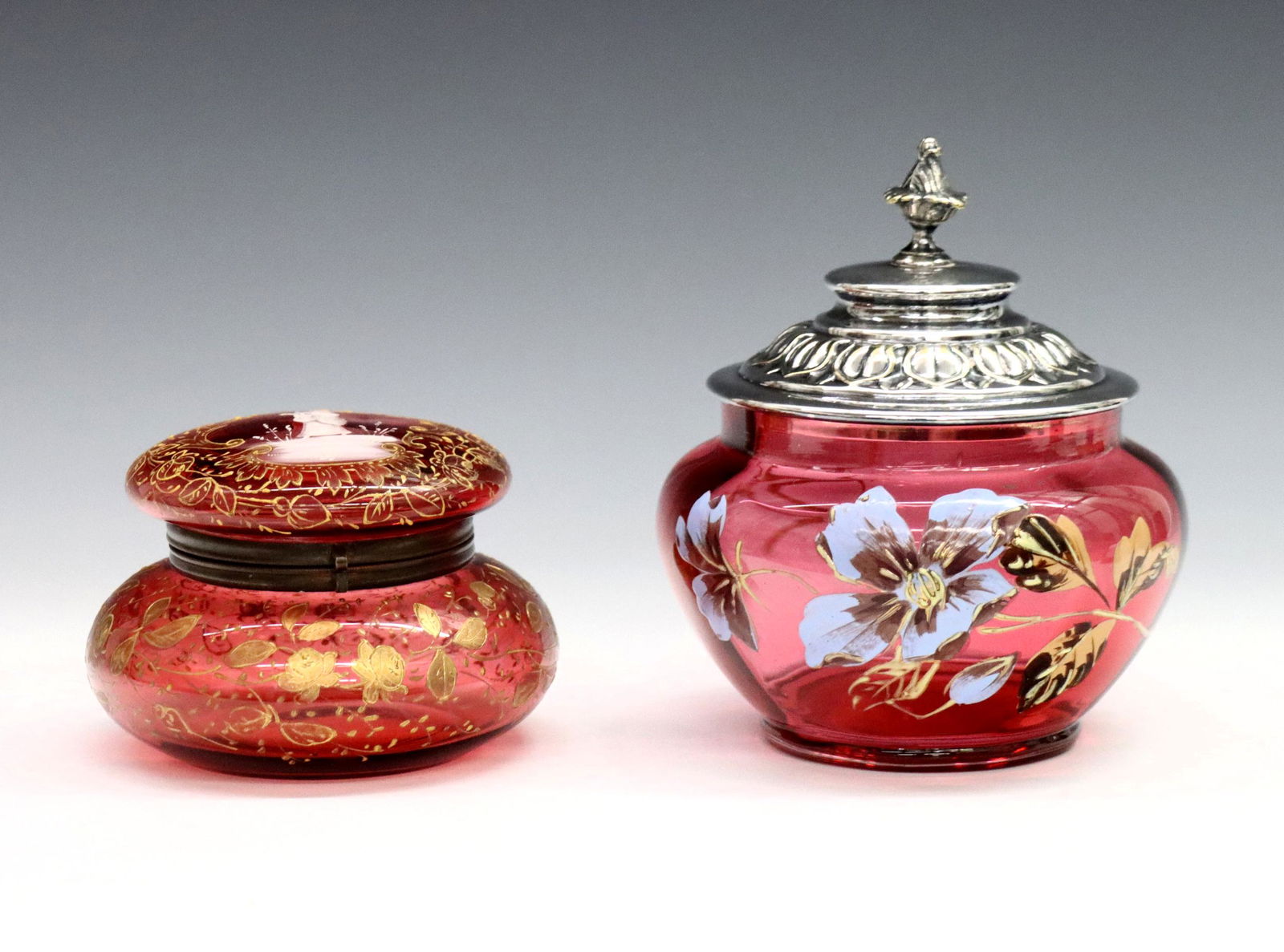 2 Cranberry Glass Covered Jars (1 of 2)