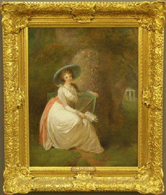 British Oil Portrait: A late 18th century oil on canvas portrait of a woman seated in a garden setting in the manner of George Romney, British, 1734-1802. Unsigned, some craquelure, canvas lined. Image 13 x 16 1/2, framed