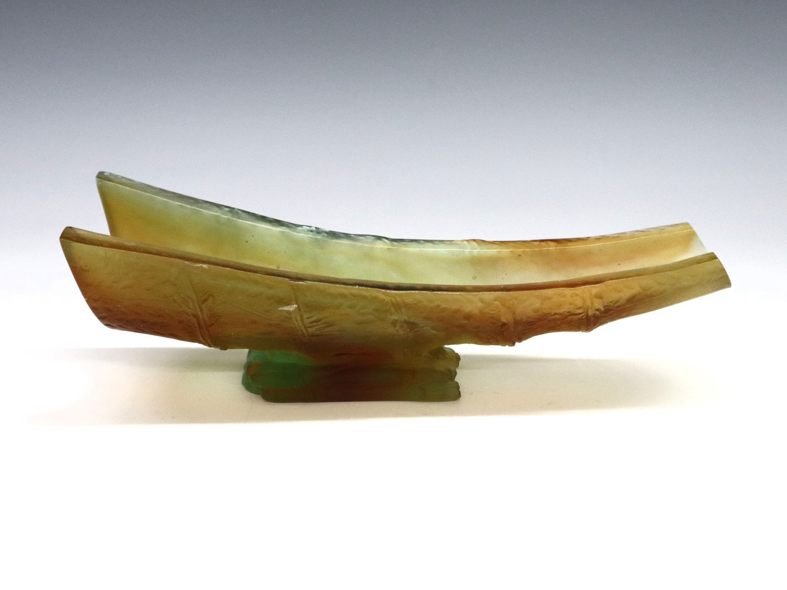 Daum Pate de Verre Bambou Bowl: A late 20th century Daum Pate de Verre "Bambou" Art Glass bowl designed by Emilio Rabbo. Bisected bamboo form glass bowl or vase in variegated Green/Brown glass. Incised "Emilio Rabbo" signature with