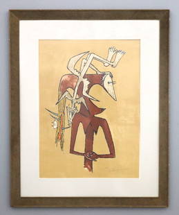 W. Lam Figural Abstract: Wifredo Lam, Cuban, 1902-1982. A mid 20th century lithograph with colors on paper. Depicts an Afro-Cuban abstracted figure. Signed and numbered "88/100" lower right. Good condition, very slight toning