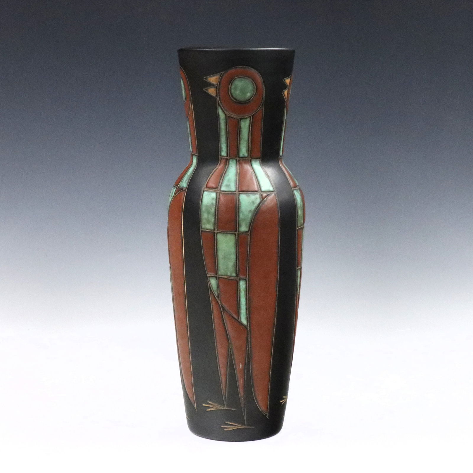 M. Anderson & Sons Pottery Lamp Base: A Mid Century Danish Modern Marianne Starck for Michael Andersen & Sons Art Pottery lamp base. Tapered form with multicolor stylized birds on a Black ground with matte glaze. Impressed maker's mark wi