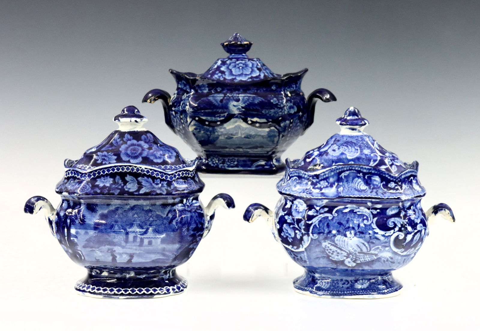 3 Staffordshire Blue & White Sugar Bowls (1 of 2)