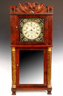 Munger & Benedict Empire Shelf Clock: A 19th century Munger & Benedict Empire Period shelf clock. 8-day weight driven Brass time and strike movement (marked No. 98 on front plate), papered dial with Roman numerals and "Flying Eagle" pendu
