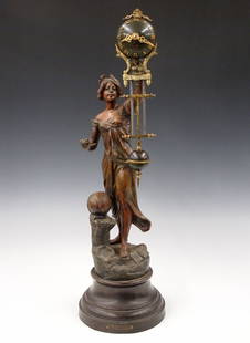 French Swinging Arm Clock: A turn of the century French Bronze figural Swinging Arm clock. 8-day time only movement within a Green patinated sphere with Roman numerals and short gridiron pendulum. Patinated Spelter