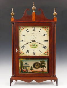 Seth Thomas Pillar & Scroll Shelf Clock: An early 19th century Seth Thomas Pillar and Scroll clock with off-center pendulum. 30-hr weight driven time and strike wooden strap movement with painted wooden dial and Roman numerals with