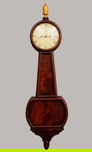 American Striking Banjo Clock: An early 19th century American striking Banjo clock. 8-day weight driven time and strike 4-pilar movement with arched top plates, painted Iron dial and Roman numerals, signed "No. 1838, A Willard Jr".