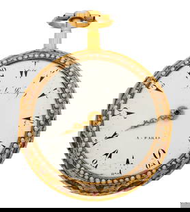 18k Gold J LeRoy Quarter Repeating Pocket Watch: An 18k Gold pocket watch by Julien Le Roy, Paris with stem activated quarter hour repeat, made for the Turkish Market. 55 mm, KW, KS, 18k Gold case with enameled decoration and applied Pearl detail on
