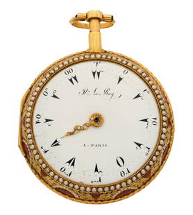 18k Gold J LeRoy Quarter Repeating Pocket Watch: An 18k Gold pocket watch by Julien Le Roy, Paris with stem activated quarter hour repeat, made for the Turkish Market. 55 mm, KW, KS, 18k Gold case with enameled decoration and applied Pearl detail on