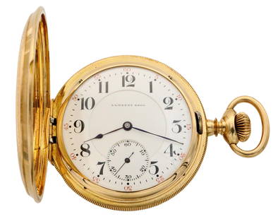 14k Gold Hamilton Private Label Pocket Watch: A 14k Gold Hamilton model Railroad Grade 961 Private Label pocket watch, made for "Lambert Brothers" on dial and movement. 16 size, 21 j, Adj temp & 5 pos, DMK, GJS, Gold train and center wheel, SW, P