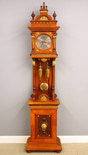 Lenzkirch Grandfather Clock: A 19th century Lenzkirch Grandfather clock. 8-day weight driven time and strike movement with engraved Silvered dial and Arabic numeral and etched "Owl" pendulum, serial #728541 indicates a production