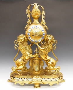 Massive Japy Freres Bronze Table Clock: A late 19th century French Bronze Table clock by Japy Freres, Paris. 8-day time and strike movement with convex engraved Brass dial and porcelain markers with Roman numerals, serial #84338. Massive Br
