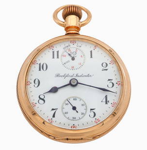 14k Gold Rockford "Indicator" 950 Pocket Watch: A 14k Gold Rockford "Indicator" model Railroad Grade 950 pocket watch with UP/DOWN wind indicator. 18 size, 21 j, Adj 5 pos, DR, DMK, GJS, SW, LS, B. W. C. Co. 14K Gold, OF, porcelain DSD with Arabic