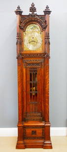 Waltham Pattern 81 Gothic Hall Clock: A Good late 19th century Waltham Pattern 81 Gothic Revival Period Hall clock. 8-day weight driven movement with quarter hour tubular chimes on nine tubes, Brass dial with painted moon phase, Silvered