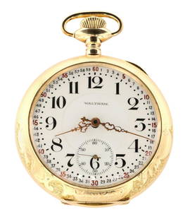 AWW Co. Vanguard Pocket Watch: A Waltham "Vanguard" model pocket watch. 18 size, 23 j, Diamond endstone, Adj, DMK, GJS, SW, LS, Fancy Keystone "J. Boss" GF with engraved Locomotive verso, OF, Porcelain DSD "Montgomery" dial with Ar