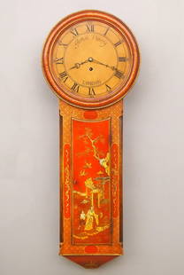 English Tavern Clock: A late 18th/early 19th century English Tavern clock. 8-day weight driven time only movement with painted wooden dial and Roman numerals marked "John Perry, London". Red Chinoiserie decorated case with