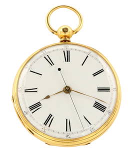 18k Gold Pocket Watch: An 18k Gold pocket watch with center sweep second hand. 50 mm, 18k Gold OF, flat porcelain dial with Roman numerals, serial #16677. 95.4 grams total weight. Minor case wear, crystal restricts second h