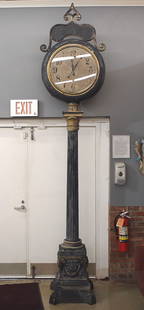 Repro Street Clock: A late 20th century Reproduction Street clock. Electric movement with two 21" painted metal dials and Arabic numerals. Cast Aluminum stand with scrolled crest over a marque labeled "Witham Farms" (on