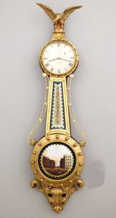 Repro Girandole Banjo Clock: A late 20th century reproduction L. Curtis Girandole Banjo wall clock. 8-day weight driven time only movement with a painted metal dial and Roman numerals marked "L. Curtis Patent, Concord, Mass, 1818