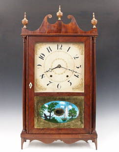 Ephraim Downs Pillar & Scroll Shelf Clock: A 19th century Ephraim Down(e)s Pillar and Scroll shelf clock. 30-hr weight driven wooden time and strike movement with painted wooden dial and Arabic numerals. Mahogany case with scrolled crest and B