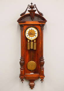 G Becker 3 Weight Vienna Regulator Wall Clock: A late 19th century Vienna Regulator wall clock by Gustav Becker. 8-day weight driven time and strike movement with quarter hour Grand Sonnerie chime and two part Brass/Silvered dial with Roman numera