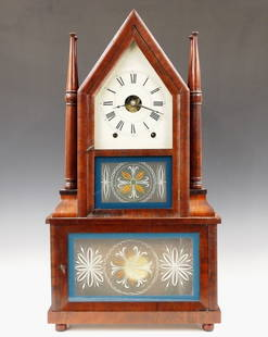 Chauncey Jerome Fusee Shelf Clock: A late 19th century Chauncey Jerome Sharp Gothic Steeple on Steeple shelf clock. 8-day double fusee time and strike movement marked "Chauncey Jerome, New Haven, Conn., USA" with a painted metal dial a