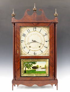 E Terry & Sons Pillar & Scroll Shelf Clock: A 19th century E. Terry & Sons Pillar and Scroll shelf clock. 30-hr weight driven wooden time and strike movement with painted wooden dial and Arabic numerals. Mahogany case with scrolled crest and Br