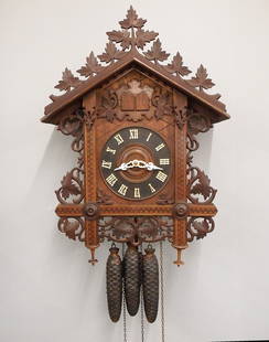 Black Forest Cuckoo & Quail Railway Wall Clock: An early 20th century German Black Forest Railway Cuckoo wall clock. 30-hr three weight movement with Brass cutout plates, Cuckoo and Quail chime at the hour and quarters, turned wooden dial with appl