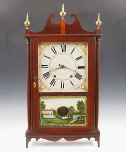 Eli Terry Jr Pillar & Scroll Shelf Clock: A 19th century Eli Terry Jr. Pillar and Scroll shelf clock. 30-hr weight driven wooden time and strike movement with painted wooden dial and Roman numerals. Mahogany case with scrolled crest and Brass